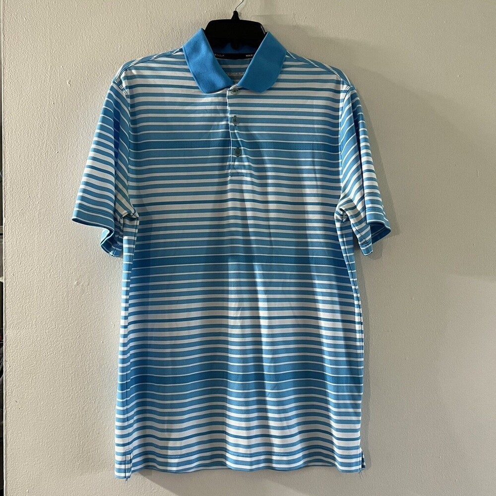 Nike Golf Tour Performance Mens Size M Short Sleeve Polo Light Blue Striped B11